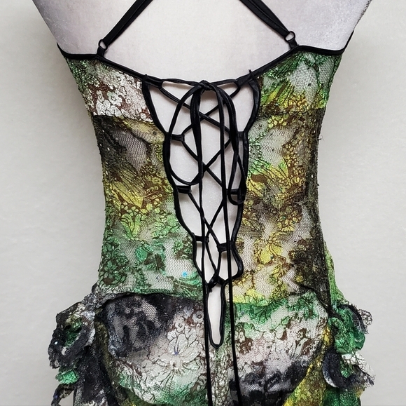 80s Rare Vintage Surprise Parties Green Tie-Dye Sheer Lace Lace-up Bustle Dress - Picture 12 of 16